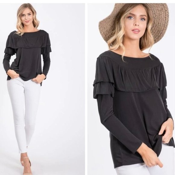 Hailey & Co. Tops - Hailey & Co. Reba Long Sleeve Ruffle Basic Blouse Bohemian Top Black New Medium